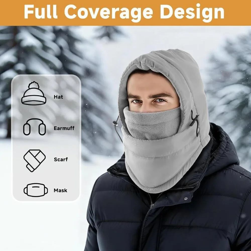 Men's Grey Lining Windproof Adjustable Winter Cold Weather Ski Face Mask